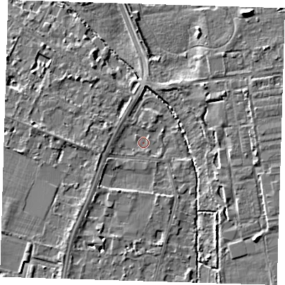 Shaded relief map of the ground around CB28AF, computed from Environment Agency LiDAR. The ground here sits at about 10 m above sea level and falls 9 m across the surrounding 800 m. Surface water reaching this point runs off ground lying to the north-east, 7.2 m higher.