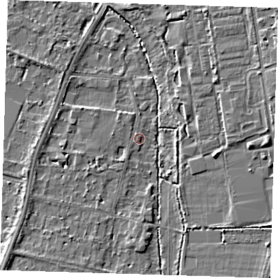 Shaded relief map of the ground around CB28AL, computed from Environment Agency LiDAR. The ground here sits at about 11 m above sea level and falls 6 m across the surrounding 800 m. Surface water reaching this point runs off ground lying to the west-south-west, 3.3 m higher.