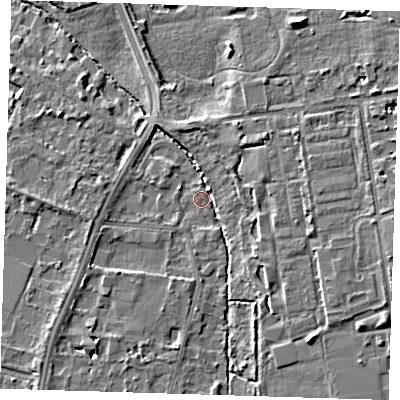 Shaded relief map of the ground around CB28AN, computed from Environment Agency LiDAR. The ground here sits at about 10 m above sea level and falls 9 m across the surrounding 800 m. Surface water reaching this point runs off ground lying to the north-north-east, 7.2 m higher.