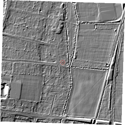 Shaded relief map of the ground around CB28AR, computed from Environment Agency LiDAR. The ground here sits at about 12 m above sea level and falls 9 m across the surrounding 800 m. Surface water reaching this point runs off ground lying to the west-south-west, 3.8 m higher.