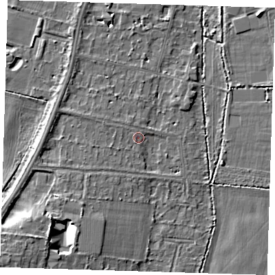 Shaded relief map of the ground around CB28AS, computed from Environment Agency LiDAR. The ground here sits at about 13 m above sea level and falls 9 m across the surrounding 800 m. Surface water reaching this point runs off ground lying to the west-south-west, 1.5 m higher.