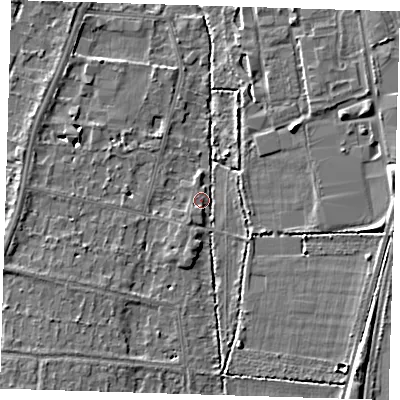 Shaded relief map of the ground around CB28AU, computed from Environment Agency LiDAR. The ground here sits at about 11 m above sea level and falls 6 m across the surrounding 800 m. Surface water reaching this point runs off ground lying to the south, 2.7 m higher.