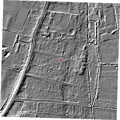 Shaded relief map of the ground around CB28AW, computed from Environment Agency LiDAR. The ground here sits at about 12 m above sea level and falls 6 m across the surrounding 800 m. Surface water reaching this point runs off ground lying to the west-south-west, 2.0 m higher.