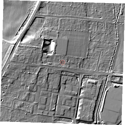 Shaded relief map of the ground around CB28HE, computed from Environment Agency LiDAR. The ground here sits at about 15 m above sea level and falls 8 m across the surrounding 800 m. Surface water reaching this point runs off ground lying to the west, 3.9 m higher.