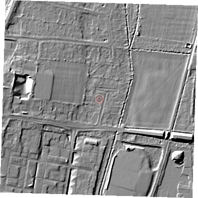 Shaded relief map of the ground around CB28HH, computed from Environment Agency LiDAR. The ground here sits at about 12 m above sea level and falls 9 m across the surrounding 800 m. Surface water reaching this point runs off ground lying to the west, 5.7 m higher.