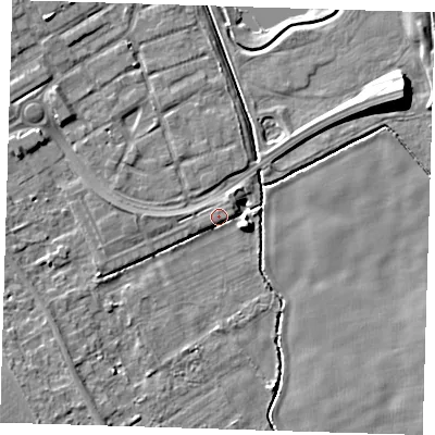 Shaded relief map of the ground around CB29AN, computed from Environment Agency LiDAR. The ground here sits at about 15 m above sea level and falls 9 m across the surrounding 800 m. Surface water reaching this point runs off ground lying to the west, 1.2 m higher.