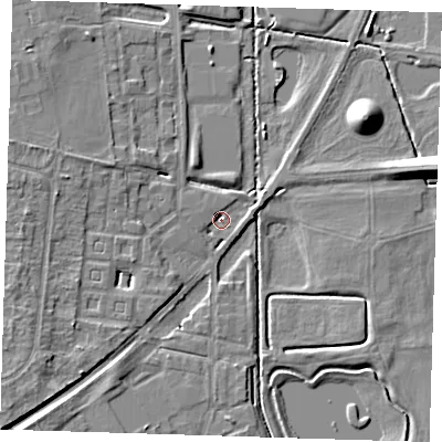 Shaded relief map of the ground around CB29GY, computed from Environment Agency LiDAR. The ground here sits at about 13 m above sea level and falls 9 m across the surrounding 800 m. Surface water reaching this point runs off ground lying to the south-west, 6.0 m higher.