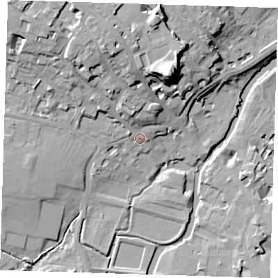 Shaded relief map of the ground around CB30AD, computed from Environment Agency LiDAR. The ground here sits at about 10 m above sea level and falls 29 m across the surrounding 800 m. Surface water reaching this point runs off ground lying to the north-north-west, 13.5 m higher.