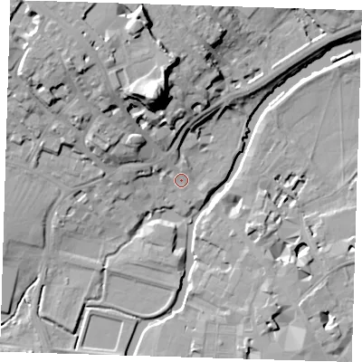 Shaded relief map of the ground around CB30AF, computed from Environment Agency LiDAR. The ground here sits at about 7 m above sea level and falls 29 m across the surrounding 800 m. Surface water reaching this point runs off ground lying to the north-west, 2.3 m higher.