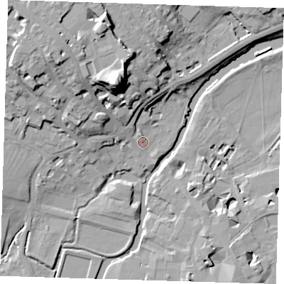 Shaded relief map of the ground around CB30AG, computed from Environment Agency LiDAR. The ground here sits at about 8 m above sea level and falls 29 m across the surrounding 800 m. Surface water reaching this point runs off ground lying to the west-north-west, 2.1 m higher.