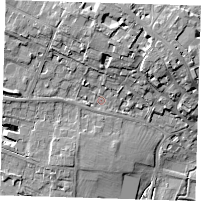 Shaded relief map of the ground around CB30EE, computed from Environment Agency LiDAR. The ground here sits at about 11 m above sea level and falls 17 m across the surrounding 800 m. Surface water reaching this point runs off ground lying to the north, 11.6 m higher.