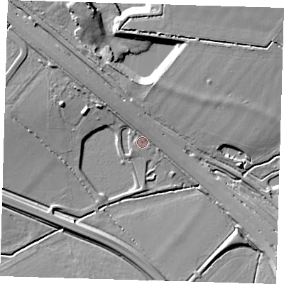 Shaded relief map of the ground around CB30JJ, computed from Environment Agency LiDAR. The ground here sits at about 14 m above sea level and falls 9 m across the surrounding 800 m. Surface water reaching this point runs off ground lying to the north-west, 5.4 m higher.