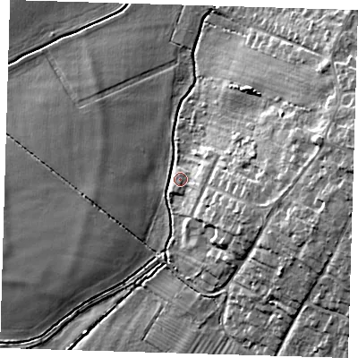 Shaded relief map of the ground around CB30JY, computed from Environment Agency LiDAR. The ground here sits at about 11 m above sea level and falls 13 m across the surrounding 800 m. Surface water reaching this point runs off ground lying to the east, 12.7 m higher.