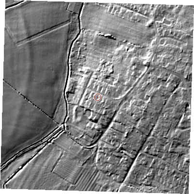 Shaded relief map of the ground around CB30QB, computed from Environment Agency LiDAR. The ground here sits at about 15 m above sea level and falls 14 m across the surrounding 800 m. Surface water reaching this point runs off ground lying to the east-south-east, 3.1 m higher.