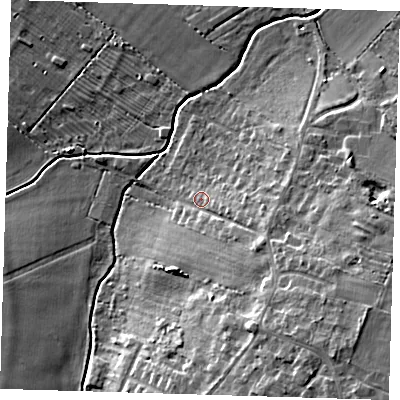 Shaded relief map of the ground around CB30QE, computed from Environment Agency LiDAR. The ground here sits at about 12 m above sea level and falls 15 m across the surrounding 800 m. Surface water reaching this point runs off ground lying to the south-east, 7.1 m higher.