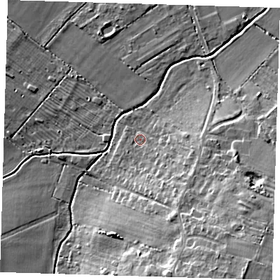Shaded relief map of the ground around CB30QF, computed from Environment Agency LiDAR. The ground here sits at about 10 m above sea level and falls 14 m across the surrounding 800 m. Surface water reaching this point runs off ground lying to the south-south-east, 6.2 m higher.