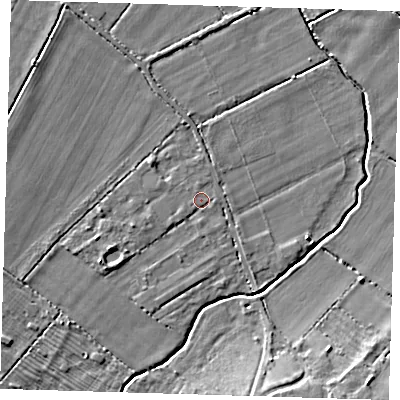 Shaded relief map of the ground around CB30QH, computed from Environment Agency LiDAR. The ground here sits at about 10 m above sea level and falls 7 m across the surrounding 800 m. Surface water reaching this point runs off ground lying to the west-south-west, 2.0 m higher.