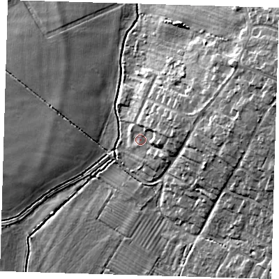 Shaded relief map of the ground around CB30QN, computed from Environment Agency LiDAR. The ground here sits at about 12 m above sea level and falls 13 m across the surrounding 800 m. Surface water reaching this point runs off ground lying to the east, 6.1 m higher.