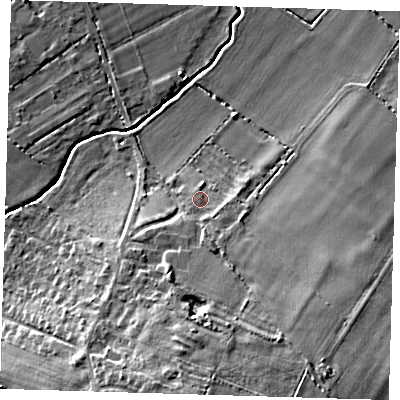 Shaded relief map of the ground around CB30RX, computed from Environment Agency LiDAR. The ground here sits at about 12 m above sea level and falls 13 m across the surrounding 800 m. Surface water reaching this point runs off ground lying to the south-south-east, 3.6 m higher.