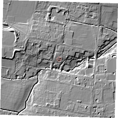 Shaded relief map of the ground around CB39AF, computed from Environment Agency LiDAR. The ground here sits at about 11 m above sea level and falls 10 m across the surrounding 800 m. Surface water reaching this point runs off ground lying to the north, 2.4 m higher.