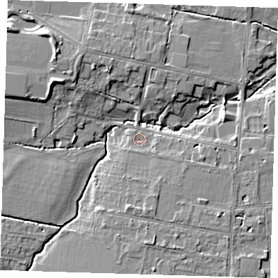 Shaded relief map of the ground around CB39AG, computed from Environment Agency LiDAR. The ground here sits at about 9 m above sea level and falls 10 m across the surrounding 800 m. Surface water reaching this point runs off ground lying to the north-north-west, 7.8 m higher.