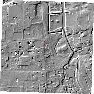 Shaded relief map of the ground around CB39AH, computed from Environment Agency LiDAR. The ground here sits at about 8 m above sea level and falls 6 m across the surrounding 800 m. Surface water reaching this point runs off ground lying to the west-south-west, 4.4 m higher.
