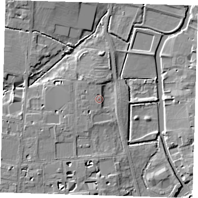 Shaded relief map of the ground around CB39AJ, computed from Environment Agency LiDAR. The ground here sits at about 9 m above sea level and falls 7 m across the surrounding 800 m. Surface water reaching this point runs off ground lying to the south-west, 2.6 m higher.