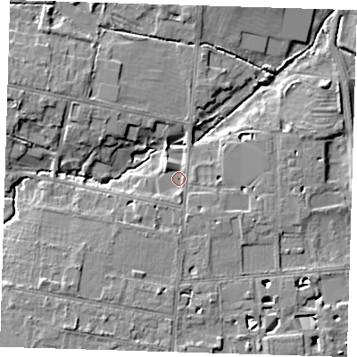 Shaded relief map of the ground around CB39AN, computed from Environment Agency LiDAR. The ground here sits at about 9 m above sea level and falls 9 m across the surrounding 800 m. Surface water reaching this point runs off ground lying to the south, 2.5 m higher.