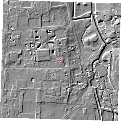 Shaded relief map of the ground around CB39DA, computed from Environment Agency LiDAR. The ground here sits at about 10 m above sea level and falls 6 m across the surrounding 800 m. Surface water reaching this point runs off ground lying to the south-east, 1.4 m higher.