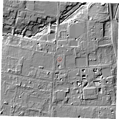 Shaded relief map of the ground around CB39DH, computed from Environment Agency LiDAR. The ground here sits at about 10 m above sea level and falls 8 m across the surrounding 800 m. Surface water reaching this point runs off ground lying to the south-west, 2.4 m higher.