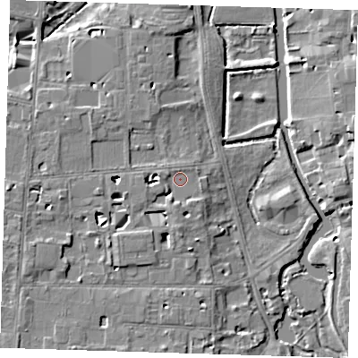Shaded relief map of the ground around CB39DS, computed from Environment Agency LiDAR. The ground here sits at about 9 m above sea level and falls 6 m across the surrounding 800 m. Surface water reaching this point runs off ground lying to the south-west, 4.4 m higher.
