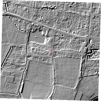Shaded relief map of the ground around CB39ED, computed from Environment Agency LiDAR. The ground here sits at about 11 m above sea level and falls 5 m across the surrounding 800 m. Surface water reaching this point runs off ground lying to the south, 0.9 m higher.
