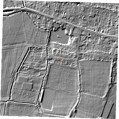 Shaded relief map of the ground around CB39EE, computed from Environment Agency LiDAR. The ground here sits at about 11 m above sea level and falls 4 m across the surrounding 800 m. The ground contributing surface water to this point lies to the east-north-east.