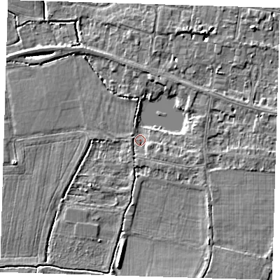 Shaded relief map of the ground around CB39EG, computed from Environment Agency LiDAR. The ground here sits at about 10 m above sea level and falls 5 m across the surrounding 800 m. Surface water reaching this point runs off ground lying to the west, 3.1 m higher.