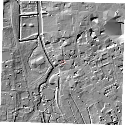 Shaded relief map of the ground around CB39EL, computed from Environment Agency LiDAR. The ground here sits at about 9 m above sea level and falls 7 m across the surrounding 800 m. Surface water reaching this point runs off ground lying to the north, 3.1 m higher.