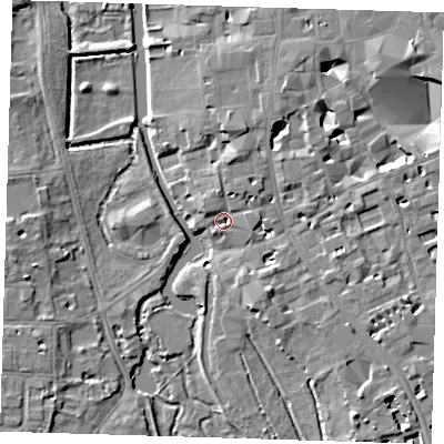 Shaded relief map of the ground around CB39EP, computed from Environment Agency LiDAR. The ground here sits at about 8 m above sea level and falls 7 m across the surrounding 800 m. Surface water reaching this point runs off ground lying to the north, 3.1 m higher.