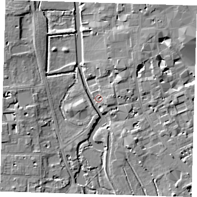 Shaded relief map of the ground around CB39ES, computed from Environment Agency LiDAR. The ground here sits at about 8 m above sea level and falls 6 m across the surrounding 800 m. Surface water reaching this point runs off ground lying to the south-east, 6.1 m higher.