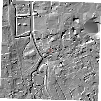 Shaded relief map of the ground around CB39ET, computed from Environment Agency LiDAR. The ground here sits at about 9 m above sea level and falls 7 m across the surrounding 800 m. Surface water reaching this point runs off ground lying to the north-north-west, 2.4 m higher.