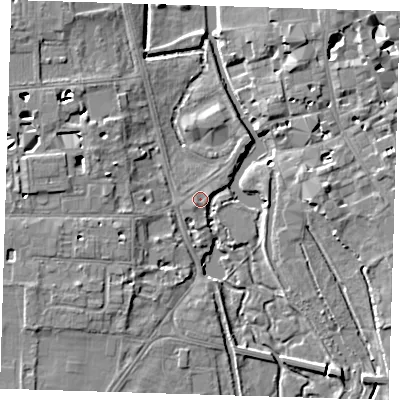 Shaded relief map of the ground around CB39EU, computed from Environment Agency LiDAR. The ground here sits at about 7 m above sea level and falls 6 m across the surrounding 800 m. Surface water reaching this point runs off ground lying to the east-north-east, 2.3 m higher.