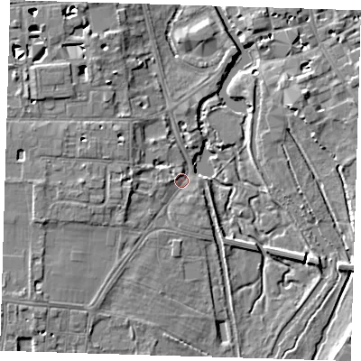 Shaded relief map of the ground around CB39EY, computed from Environment Agency LiDAR. The ground here sits at about 7 m above sea level and falls 6 m across the surrounding 800 m. Surface water reaching this point runs off ground lying to the west-south-west, 4.1 m higher.
