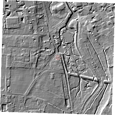 Shaded relief map of the ground around CB39EZ, computed from Environment Agency LiDAR. The ground here sits at about 8 m above sea level and falls 6 m across the surrounding 800 m. Surface water reaching this point runs off ground lying to the south-west, 3.3 m higher.
