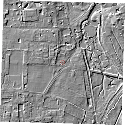 Shaded relief map of the ground around CB39HB, computed from Environment Agency LiDAR. The ground here sits at about 9 m above sea level and falls 6 m across the surrounding 800 m. Surface water reaching this point runs off ground lying to the west, 2.7 m higher.
