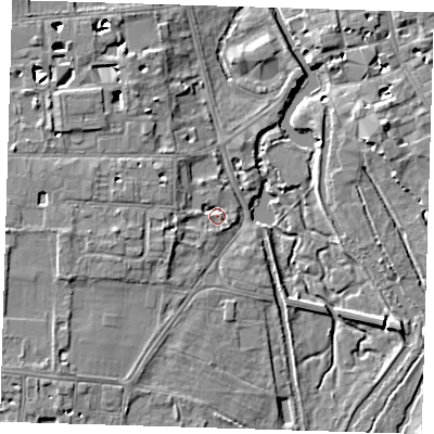 Shaded relief map of the ground around CB39HF, computed from Environment Agency LiDAR. The ground here sits at about 8 m above sea level and falls 6 m across the surrounding 800 m. Surface water reaching this point runs off ground lying to the west-south-west, 3.4 m higher.