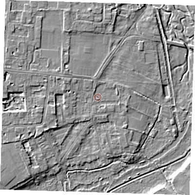 Shaded relief map of the ground around CB39HY, computed from Environment Agency LiDAR. The ground here sits at about 9 m above sea level and falls 6 m across the surrounding 800 m. Surface water reaching this point runs off ground lying to the west-north-west, 2.1 m higher.