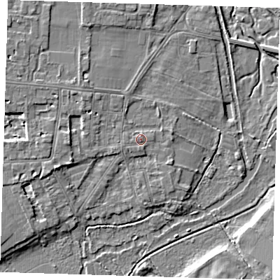 Shaded relief map of the ground around CB39JF, computed from Environment Agency LiDAR. The ground here sits at about 9 m above sea level and falls 6 m across the surrounding 800 m. Surface water reaching this point runs off ground lying to the west-south-west, 0.6 m higher.