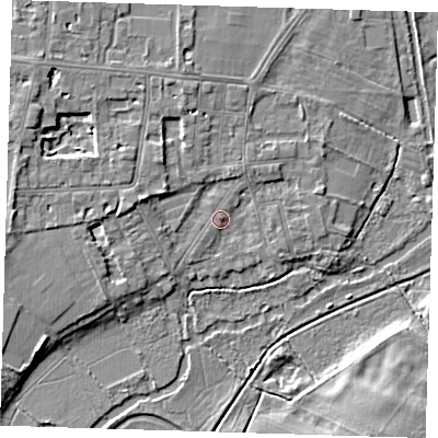 Shaded relief map of the ground around CB39JG, computed from Environment Agency LiDAR. The ground here sits at about 9 m above sea level and falls 6 m across the surrounding 800 m. Surface water reaching this point runs off ground lying to the west, 3.5 m higher.