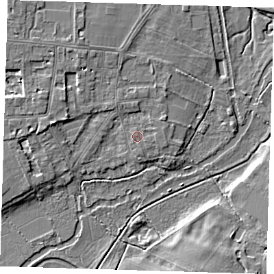 Shaded relief map of the ground around CB39JH, computed from Environment Agency LiDAR. The ground here sits at about 9 m above sea level and falls 6 m across the surrounding 800 m. Surface water reaching this point runs off ground lying to the east, 0.6 m higher.