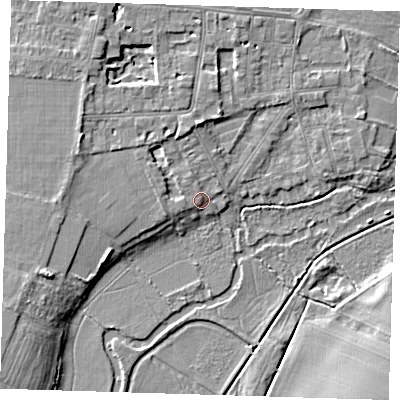 Shaded relief map of the ground around CB39JN, computed from Environment Agency LiDAR. The ground here sits at about 10 m above sea level and falls 6 m across the surrounding 800 m. Surface water reaching this point runs off ground lying to the west-north-west, 3.6 m higher.