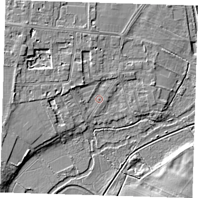 Shaded relief map of the ground around CB39JQ, computed from Environment Agency LiDAR. The ground here sits at about 9 m above sea level and falls 5 m across the surrounding 800 m. Surface water reaching this point runs off ground lying to the west, 3.5 m higher.
