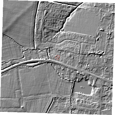Shaded relief map of the ground around CB39LH, computed from Environment Agency LiDAR. The ground here sits at about 10 m above sea level and falls 5 m across the surrounding 800 m. Surface water reaching this point runs off ground lying to the east-north-east, 1.6 m higher.